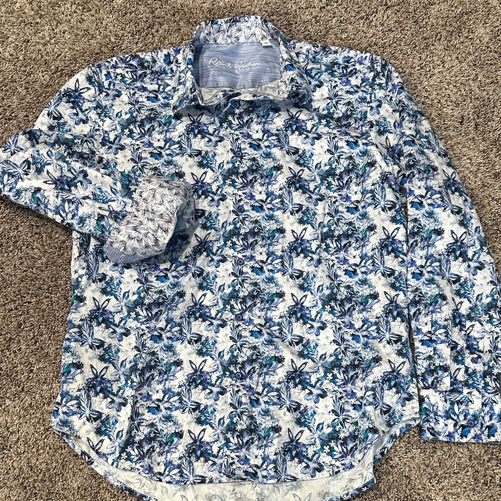 Robert Graham Long Sleeve Blue and White Floral Shirt Dress Shirt XL